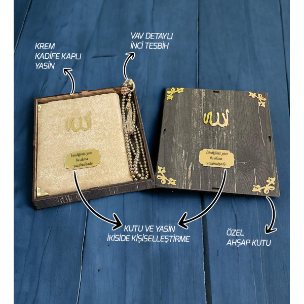 Ahşap Kutuda Kadife Kaplı Yasin ve Tesbih Hediyelik Krem