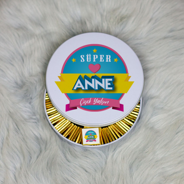 Süper Anne Hediye Metal Kutuda Çikolata 100 Adet