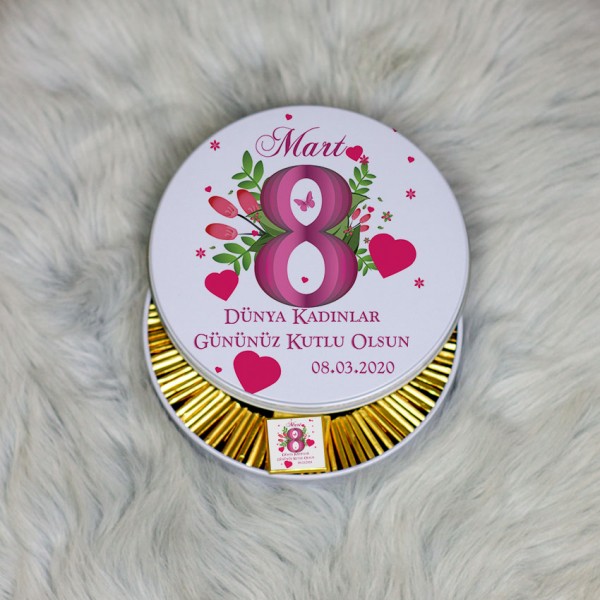 8 Mart Dünya Kadınlar Günü Hediyesi Metal Kutuda Çikolata 100 Adet 005