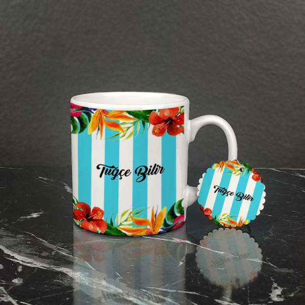 Çiçekli Kupa Bardak ve Anahtarlık Set