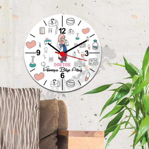 Doktor Baş Örtülü Kadın Figür Duvar Saati