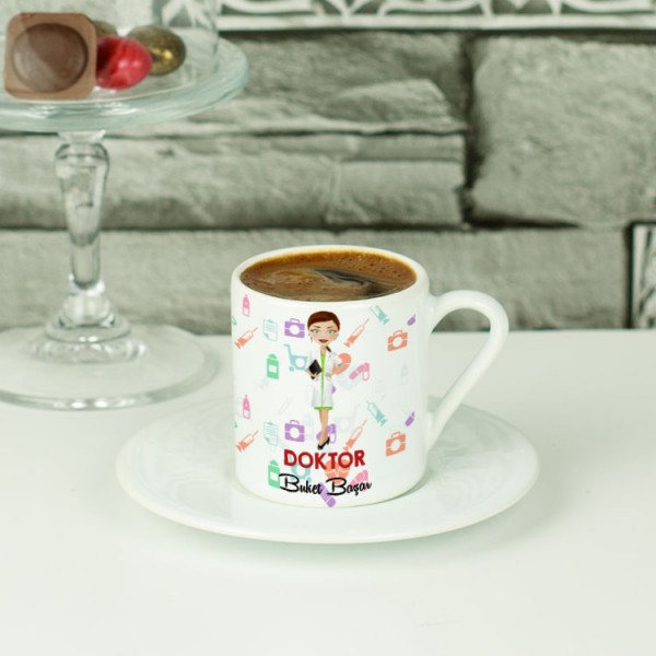 Doktor Kadın Figür Kırmızı Tasarım Kahve Fincanı