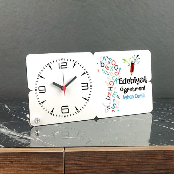 Edebiyat Öğretmeni Ahşap Masa Saati 002