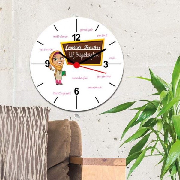 English Teacher Başörtülü Figür Duvar Saati