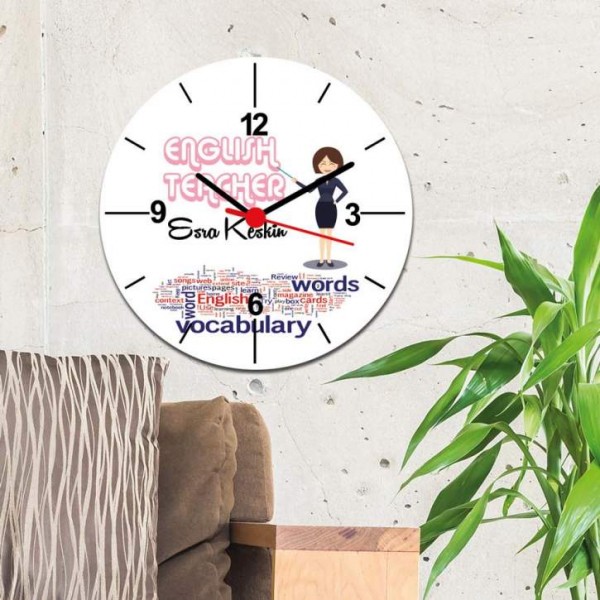 English Teacher Pembe Tasarım Duvar Saati