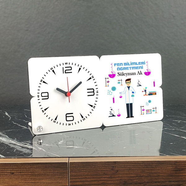 Fen Bilimleri Öğretmeni Ahşap Masa Saati 004
