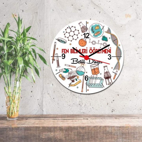 Fen Bilimleri Öğretmenine Hediye Kırmızı Tasarım Duvar Saati