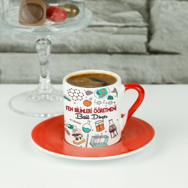 Fen Bilimleri Öğretmenine Hediye Kırmızı Tasarım Kahve Fincanı