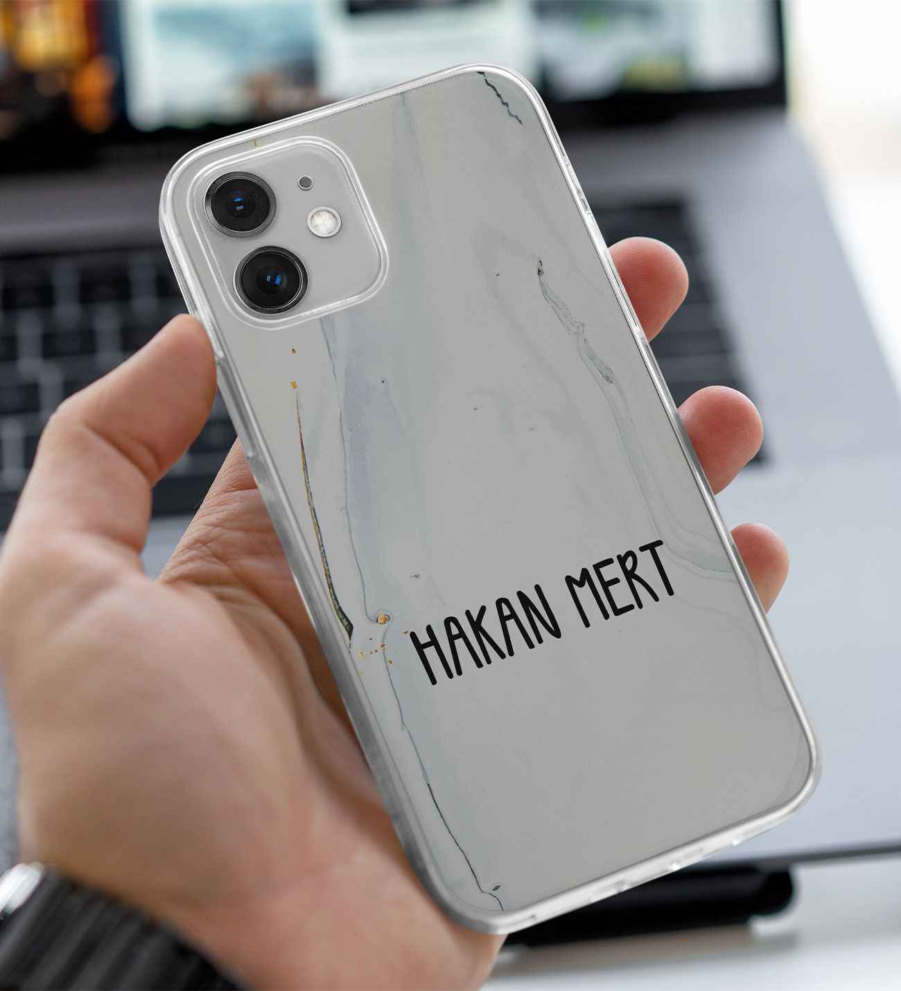 İsimli Beyaz Granit Tasarımlı Telefon Kılıfı (Sadece iPhone Modelleri)