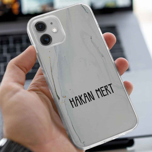İsimli Beyaz Granit Tasarımlı Telefon Kılıfı (Sadece iPhone Modelleri)