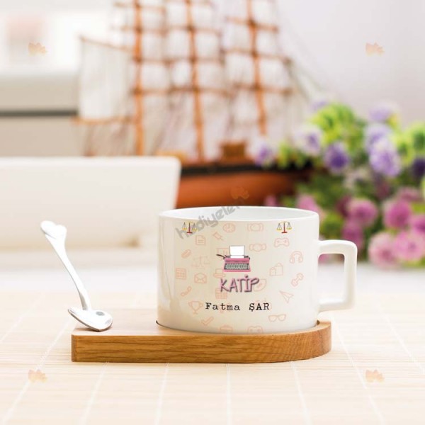 Katip Pembe Yazılı Stantlı Fincan