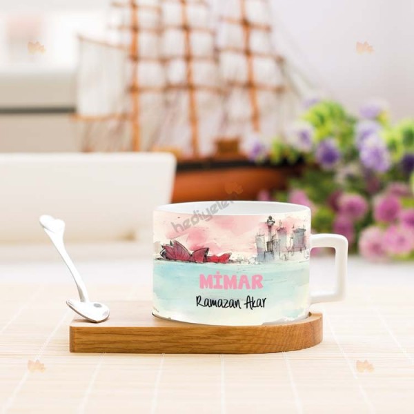 Mimar Pembe Modern Tasarım Stantlı Fincan