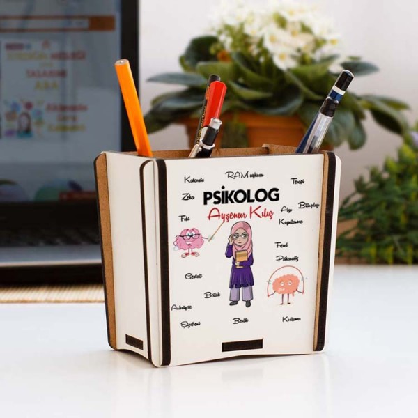 Psikolog Baş Örtülü Kadın Figür Kalemlik 002