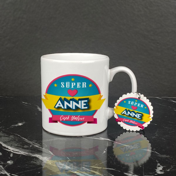Süper Anne Hediye Kupa Bardak ve Anahtarlık Set