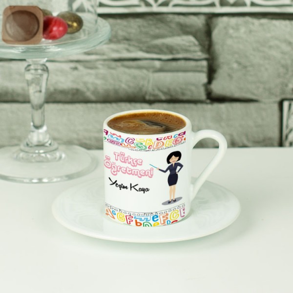 Türkçe Öğretmenine Hediye Pembe Tasarım Kahve Fincanı
