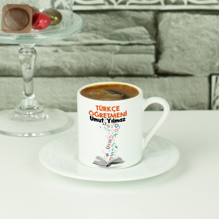 Türkçe Öğretmenine Hediye Turuncu Tasarım Kahve Fincanı