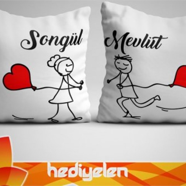 Yastık - İkili Kalp Çöp Adam Tasarımlı
